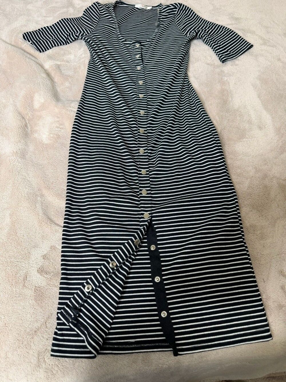 Heart HipsBlack White Striped Midi Dress Women M Stretch Bodycon Button Front - Picture 4 of 11